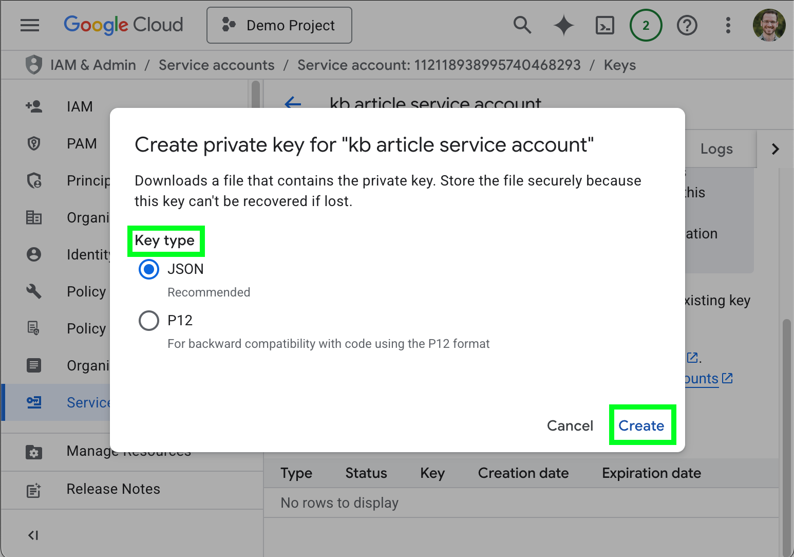 鍵の種類を選択して作成