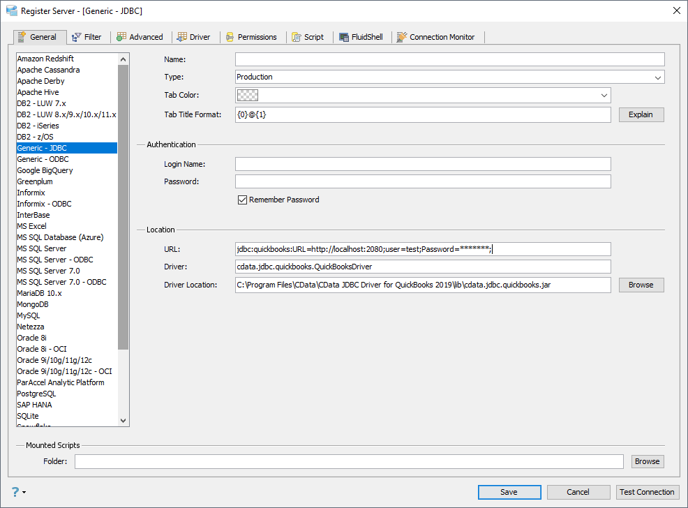 The JDBC data source, defined by the JAR path, driver class, and JDBC URL.(QuickBooks is shown.)