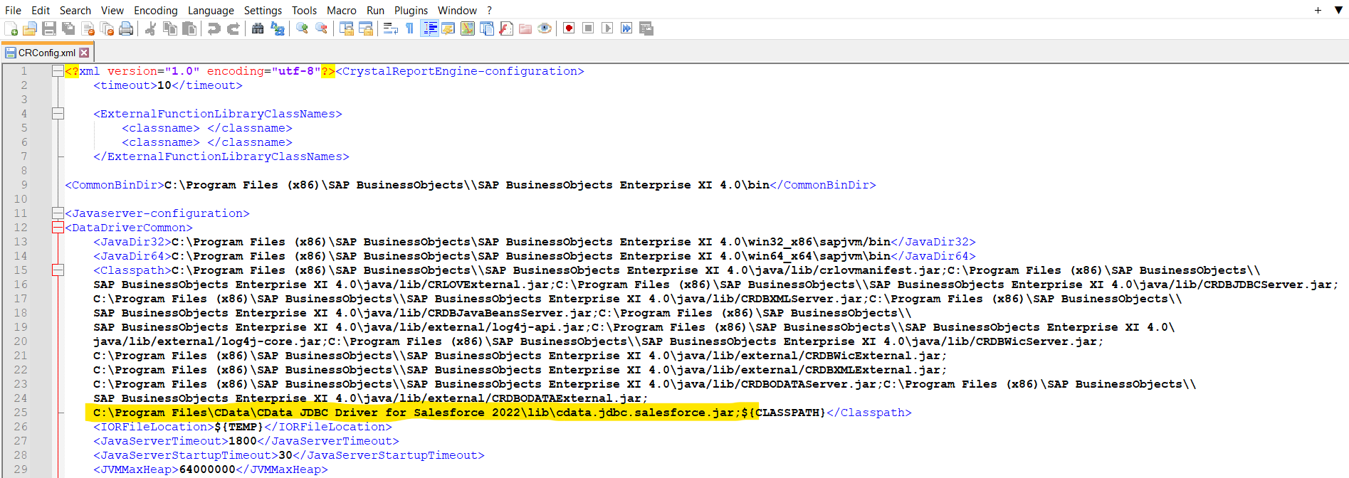 CRConfig.xml ファイルにJDBC ファイルパスを追加