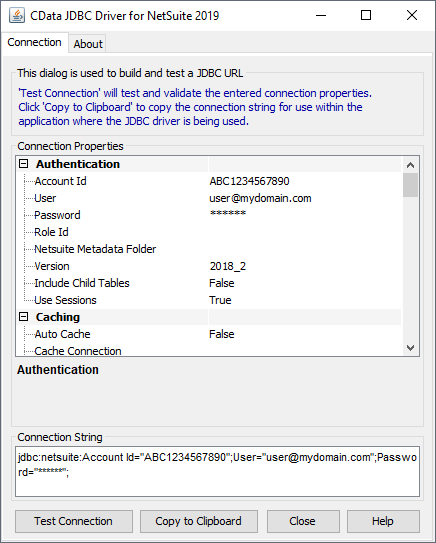 Using the built-in connection string designer to generate a JDBC URL (Salesforce is shown.)