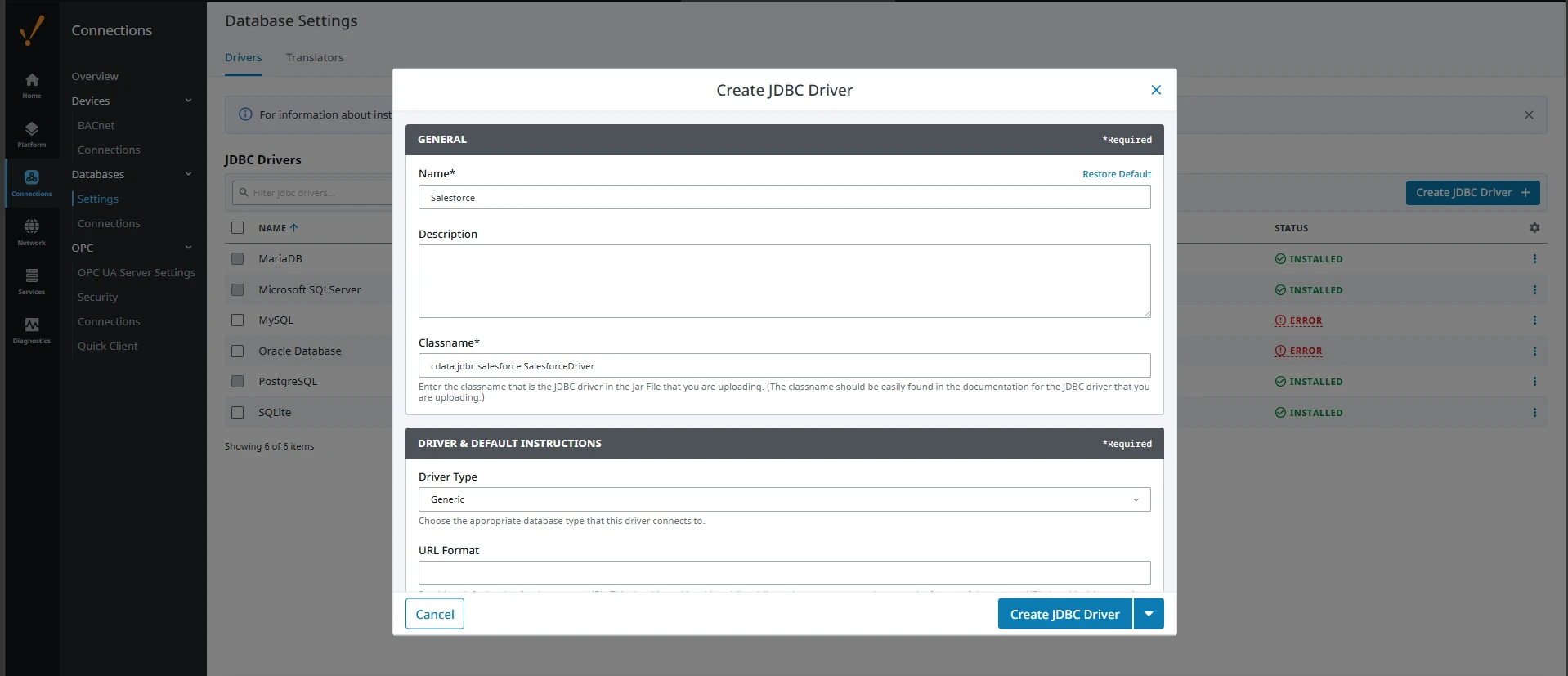 JDBC ドライバーの作成（画面は Salesforce の例）