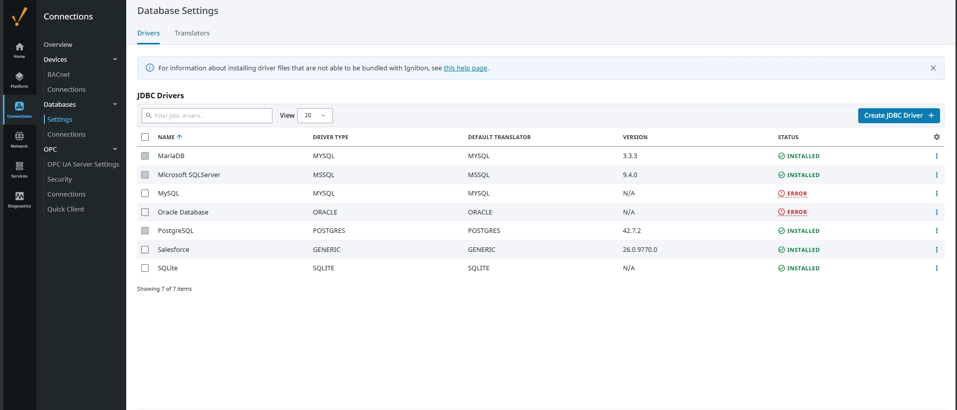 ステータスが INSTALLED のドライバー（画面は Salesforce の例）