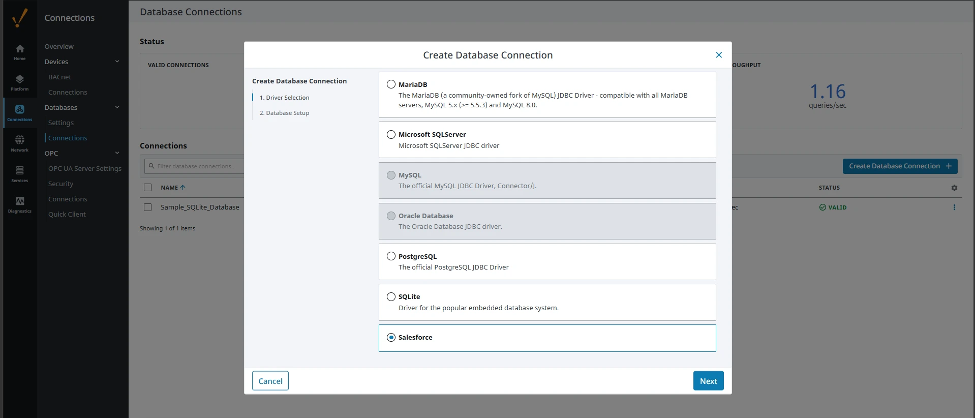 ドライバーの選択（画面は Salesforce の例）