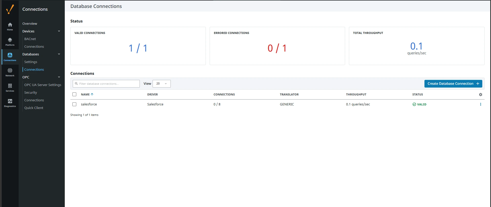 ステータスが VALID の接続（画面は Salesforce の例）