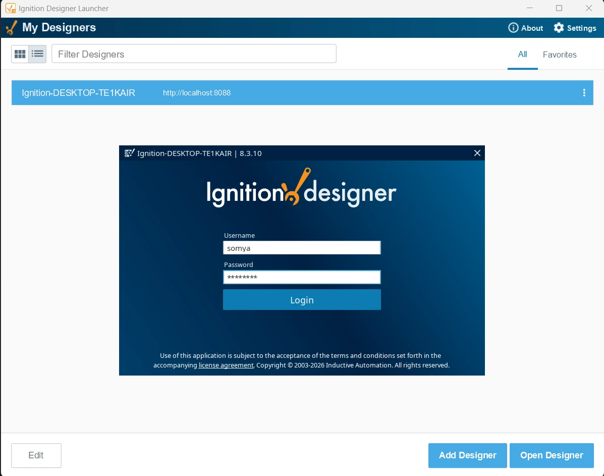 Designer Launcher から Designer へのログイン