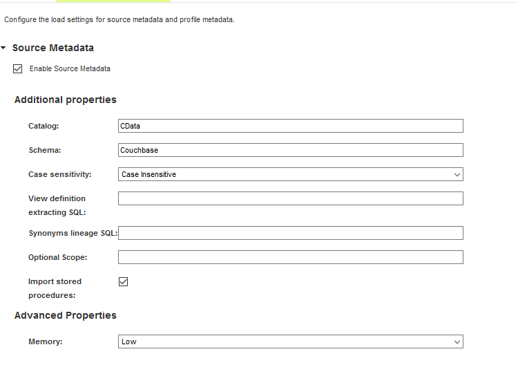 Configure the source metadata settings (Couchbase is shown).