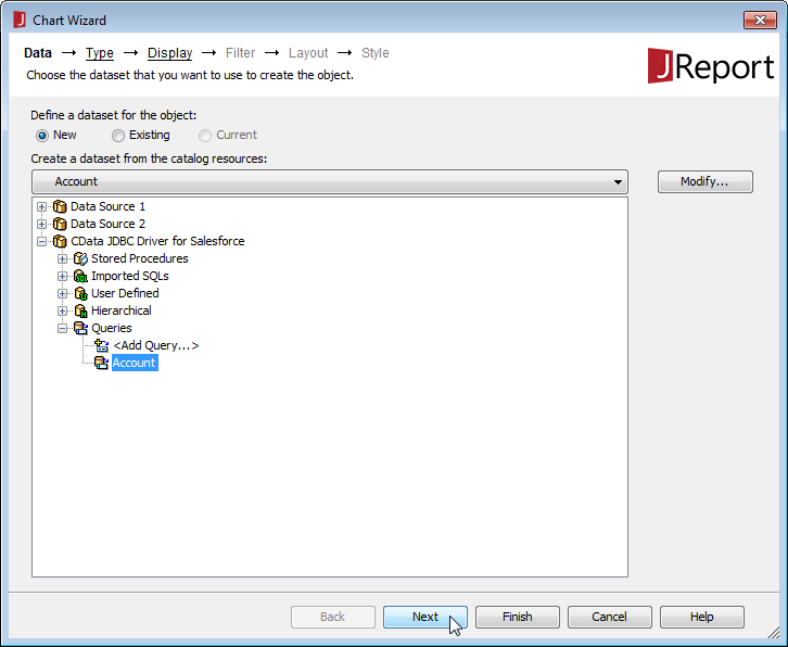Selecting the query to use.(Salesforce is shown.)