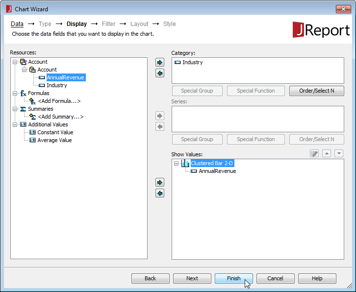 Assigning columns to define the chart.(Salesforce is shown.)