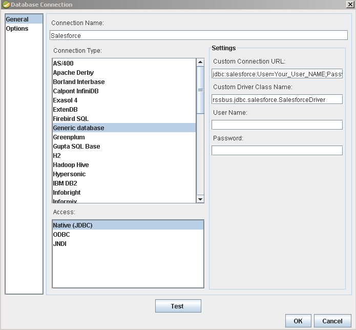 Required connection properties defined in the JDBC URL. (Salesforce is shown.)