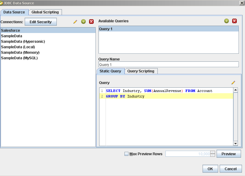 The query to retrieve data, specified in the JDBC data source configuration wizard. (Salesforce is shown.)