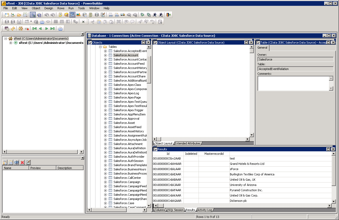 Modify database objects in the Database Painter.(Salesforce is shown.)