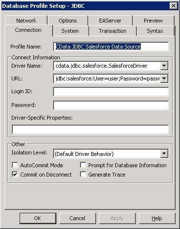 The JDBC data source defined in the Database Profile Setup dialog.(Salesforce is shown.)