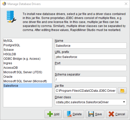 The JDBC driver configuration.(Salesforce is shown.)