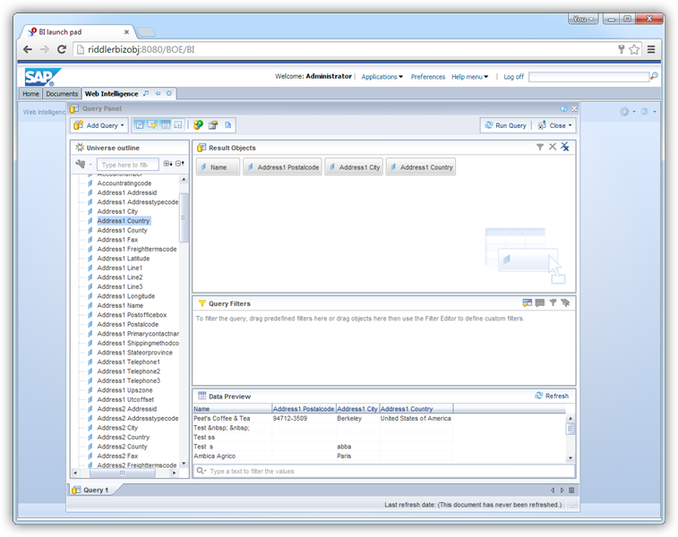 Web Intelligence で Amazon Marketplace データ をクエリ (Dynamics CRM is shown.)