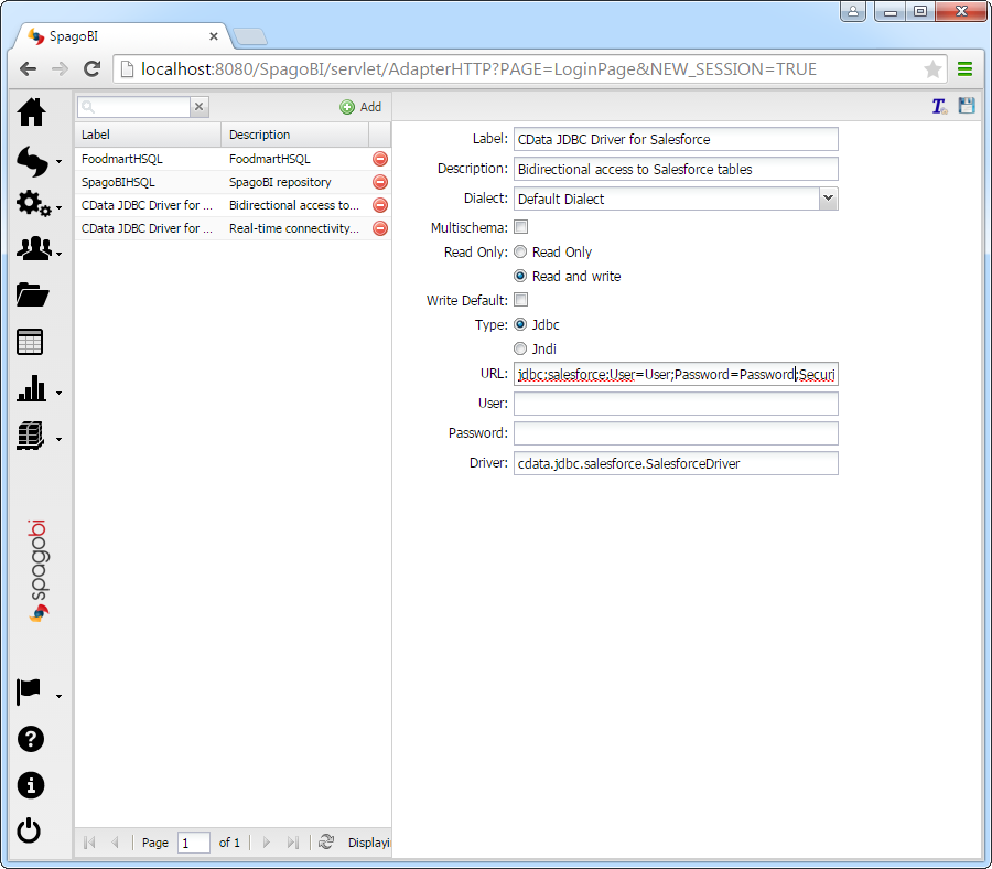The configuration for the Elasticsearch JDBC data source.(Salesforce is shown.)