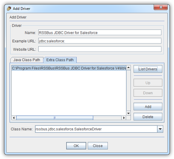 The definition for the JDBC data source.(Salesforce is shown.)