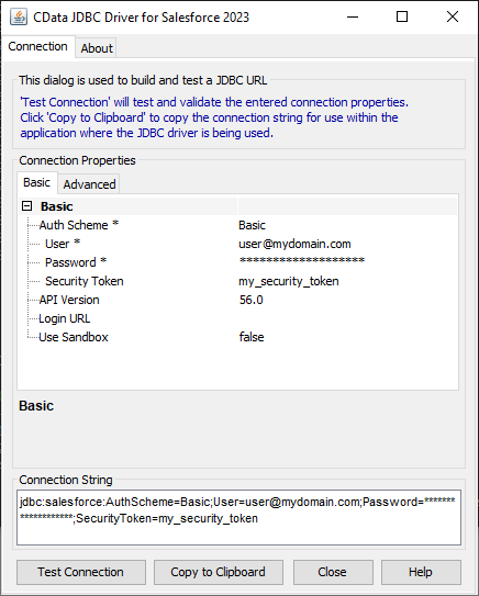 組み込みの接続文字列デザイナーを使ってJDBC URL を生成（Salesforce の場合）