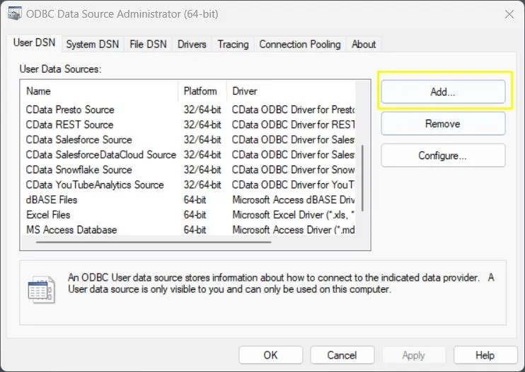 ODBC データソースアドミニストレーターを開く ODBC データソースアドミニストレーターを開く