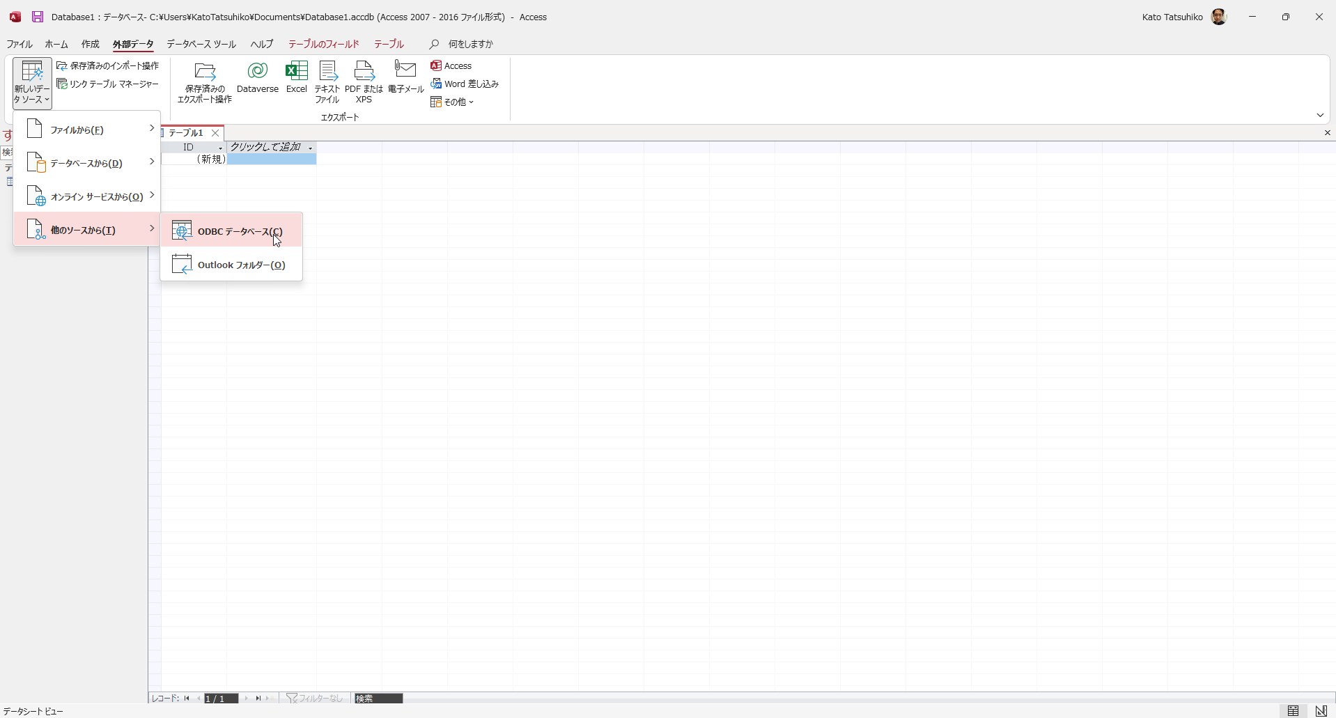 ODBC データベースの接続画面を表示