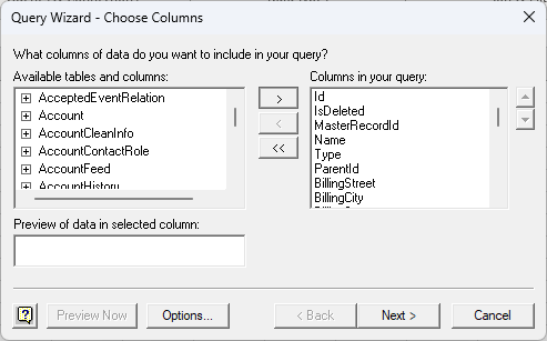 Available tables and columns in the Choose Columns step of the Query Wizard. (Salesforce is shown.)