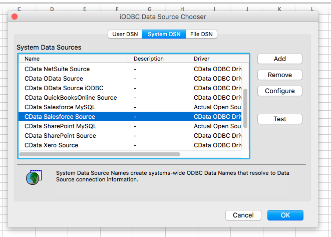 Choosing the DSN (Salesforce is shown.)