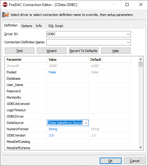A FireDAC connection to the ODBC data source. (Salesforce is shown.)