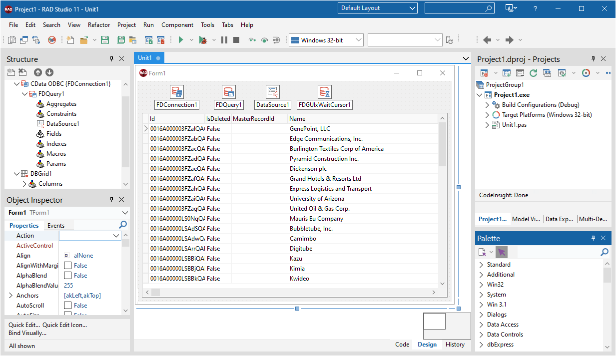 Components in FireDAC used to databind an editable grid to the data source. (Salesforce is shown.)