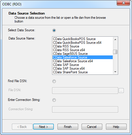 The MariaDB DSN selected in the Report Wizard. (Salesforce is shown.)