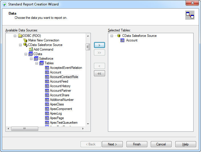 MariaDB tables in the Report Wizard. (Salesforce is shown.)