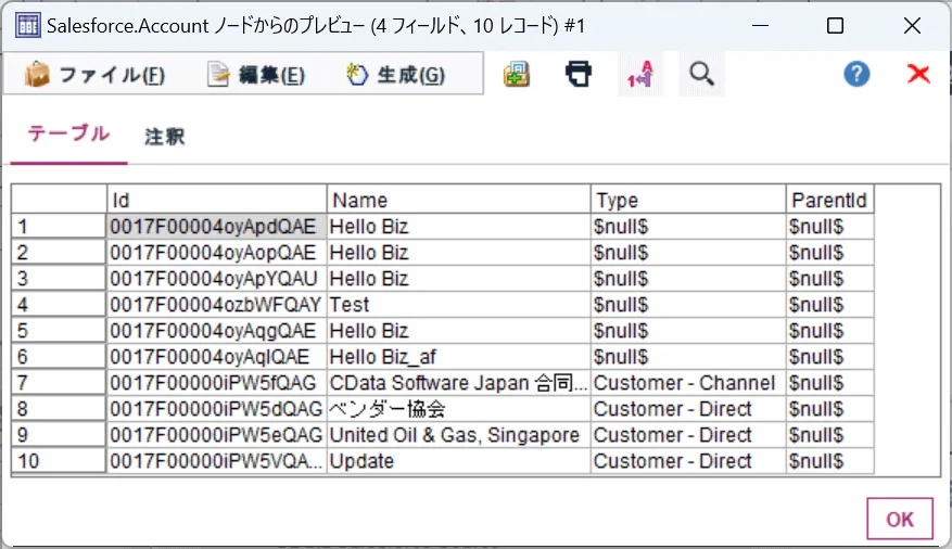 データのプレビュー