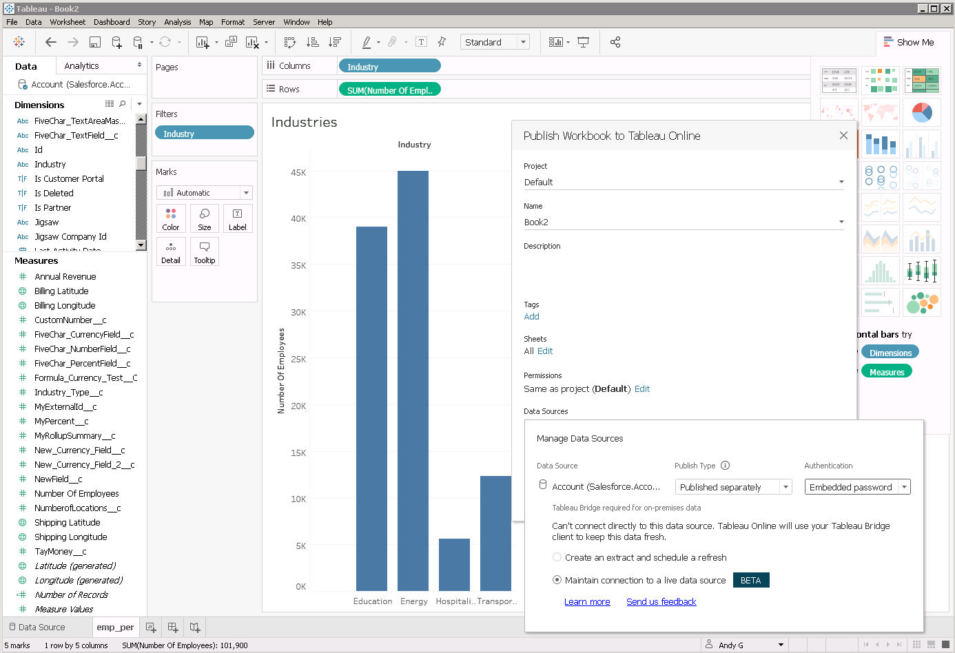 リアルタイムデータ接続を含むワークブックを公開 (Salesforce is shown.)