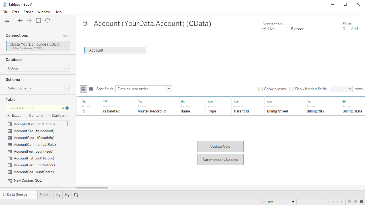 使用するテーブルの選択(Salesforce is shown.)