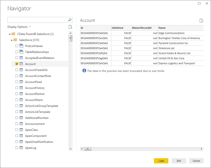 The available tables. (Salesforce is shown.)