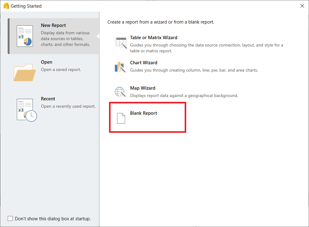 Power BI Report Builder で Blank Report を選択。