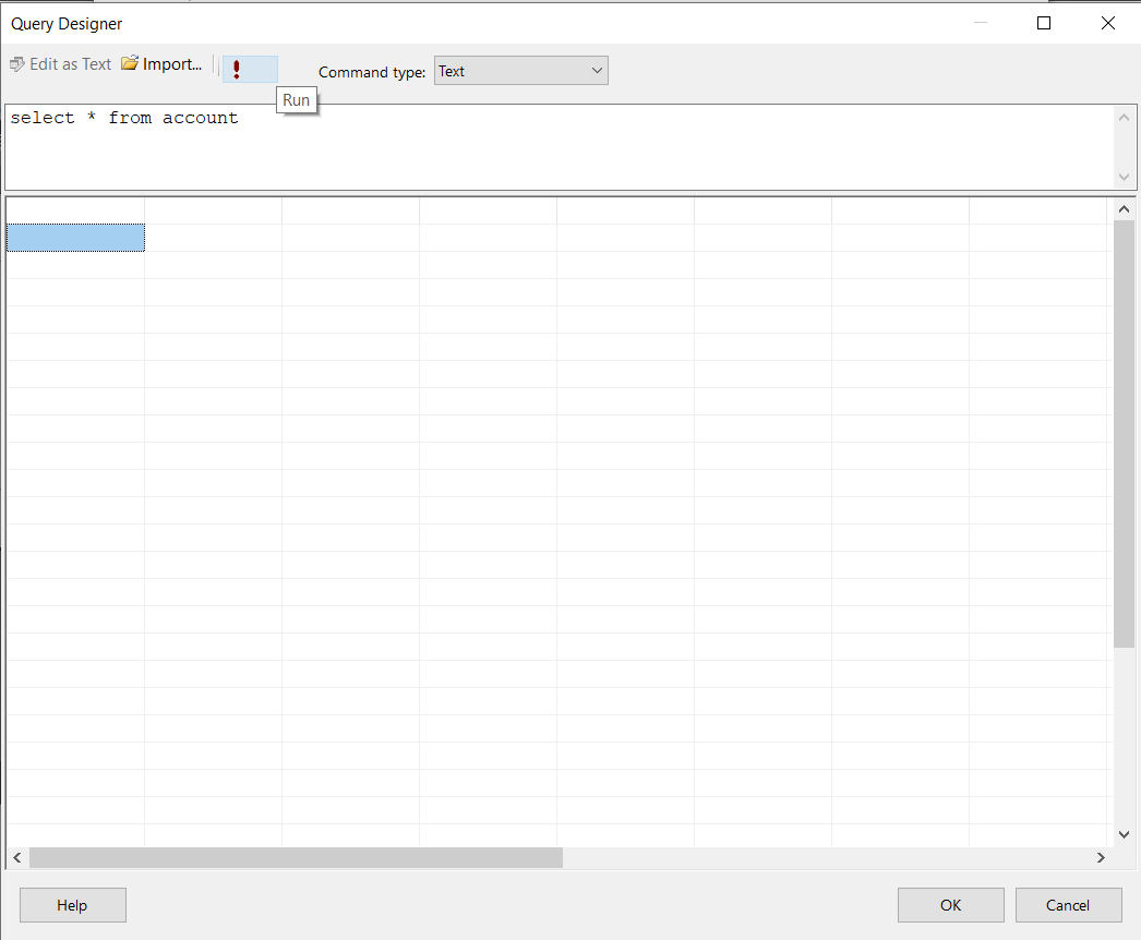 クエリデザイナーを開き、SQL コマンドを実行。