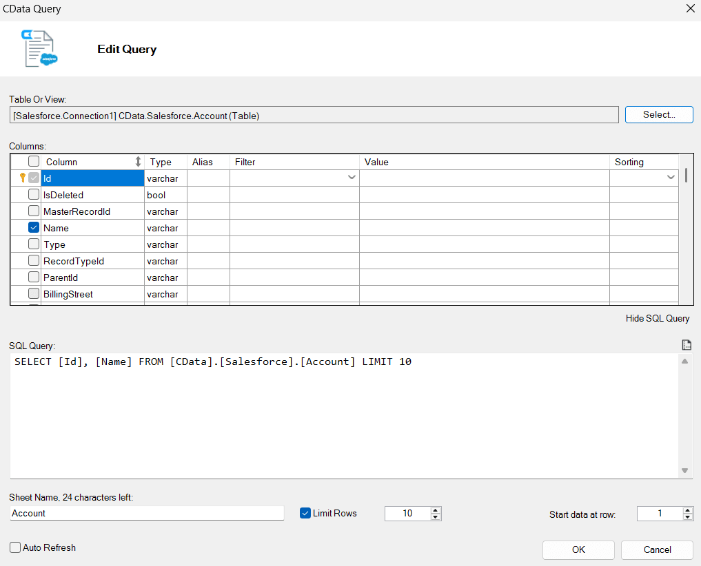 Edit Query で Account フィールドを選択