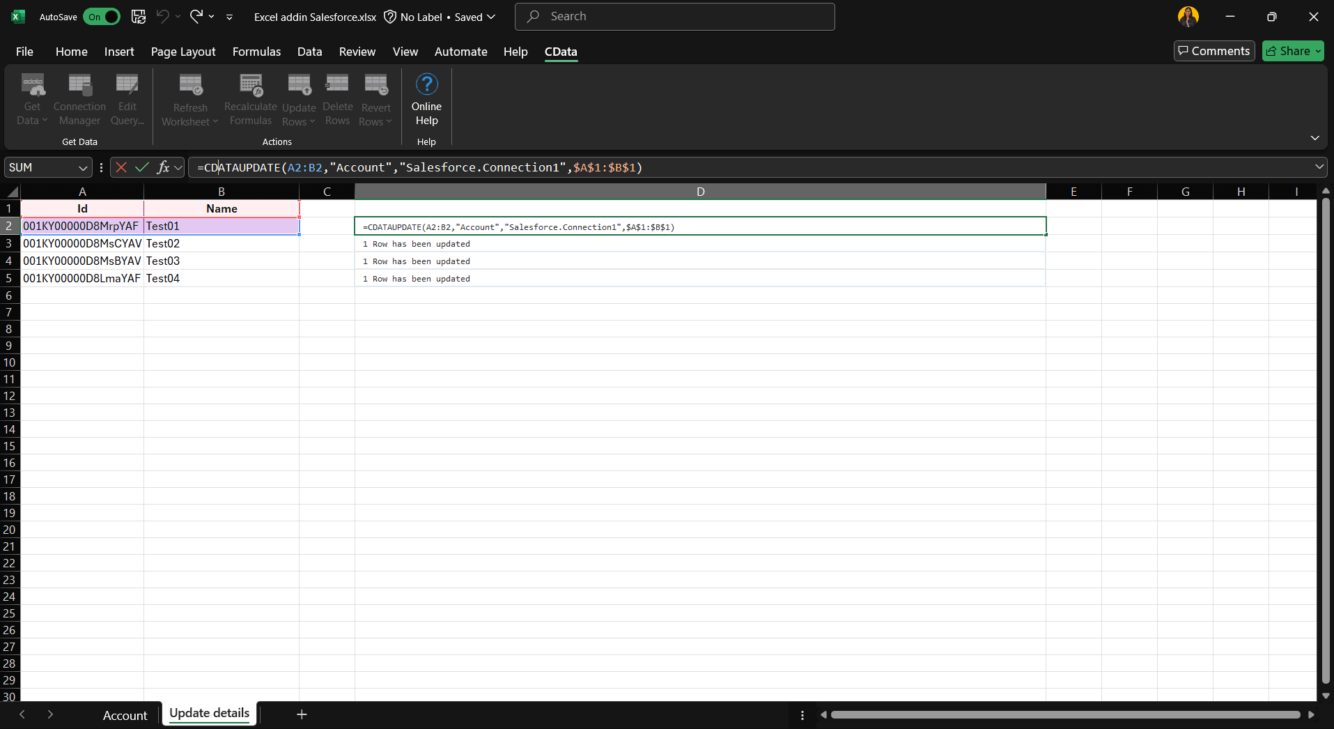 CDATAUPDATE 関数で Account 名を更新