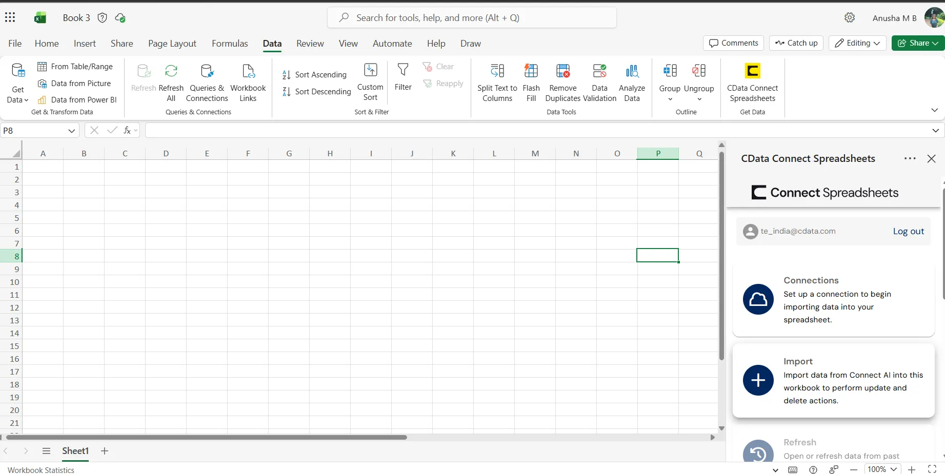 Excel の Connect Spreadsheets パネル