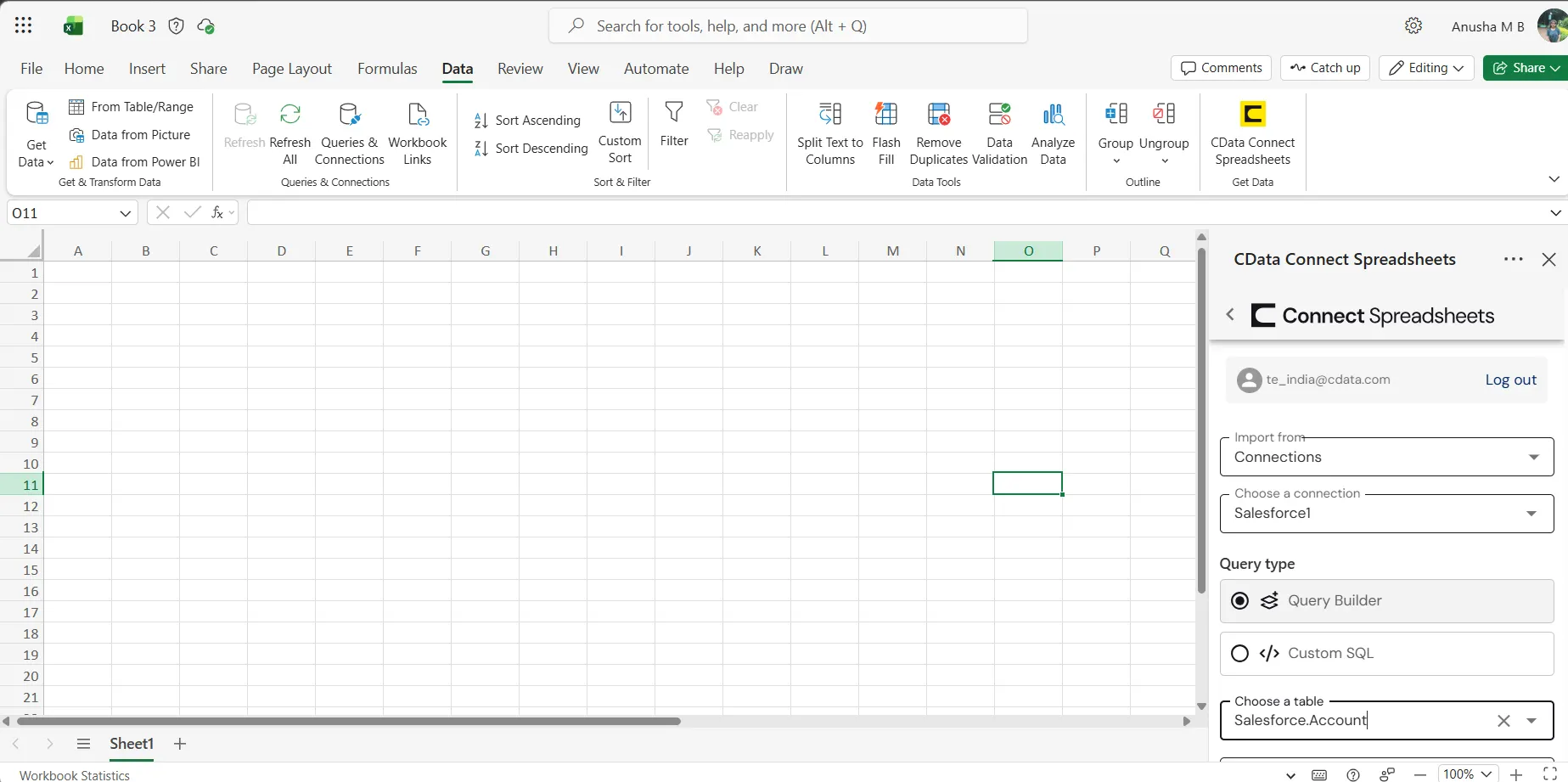 Excel の Connect Spreadsheets パネル