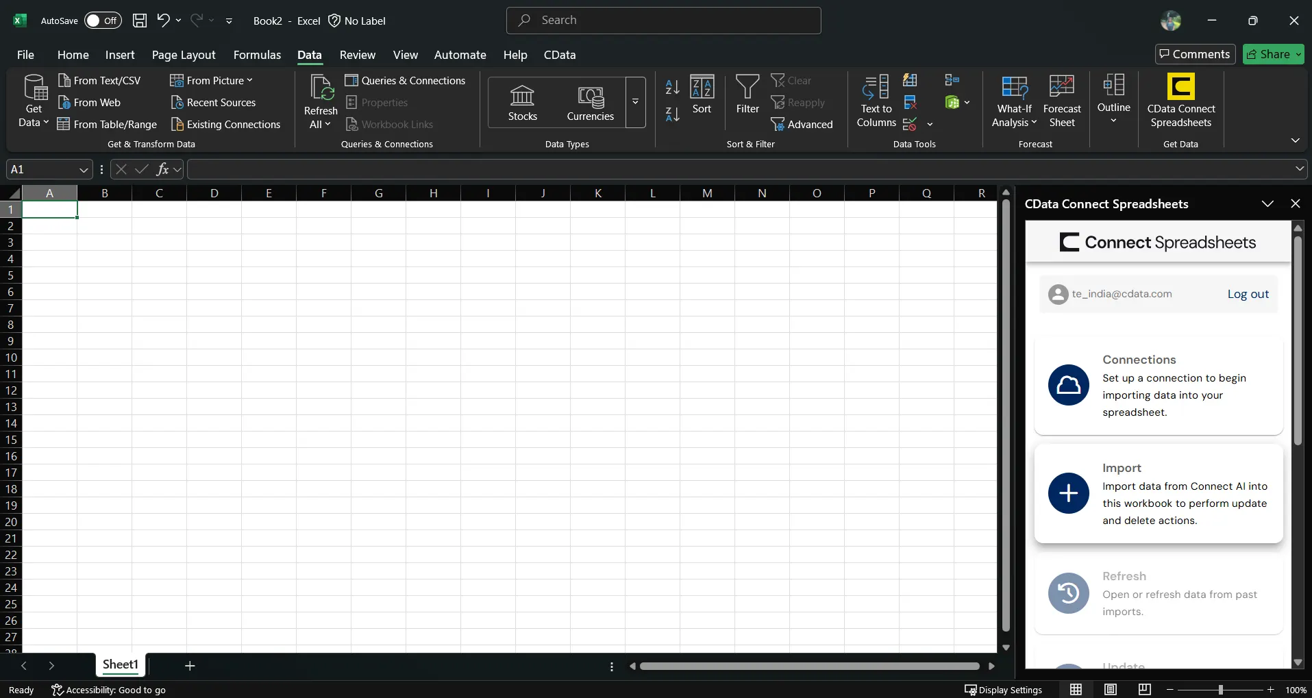 Excel の Connect Spreadsheets パネル