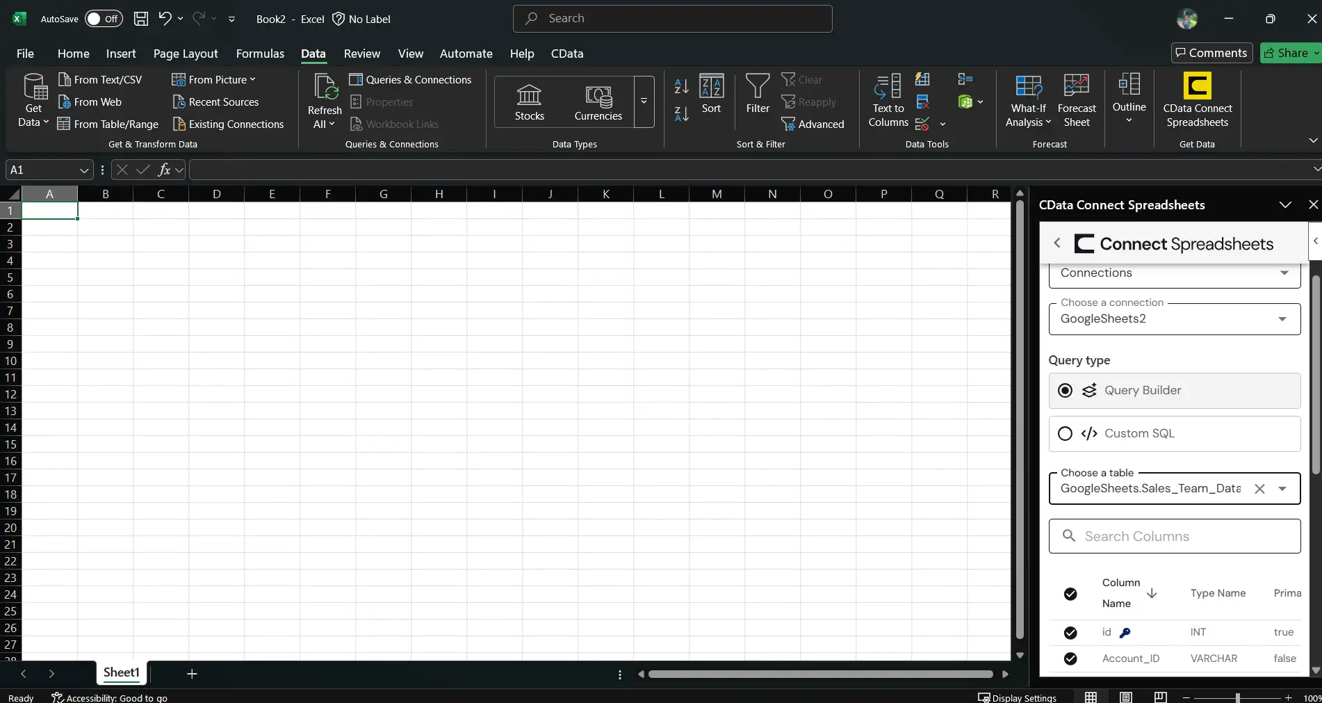 Excel の Connect Spreadsheets パネル