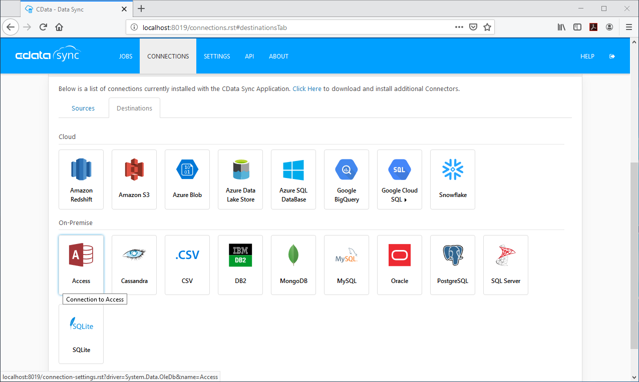 Microsoft Access を同期先に設定。