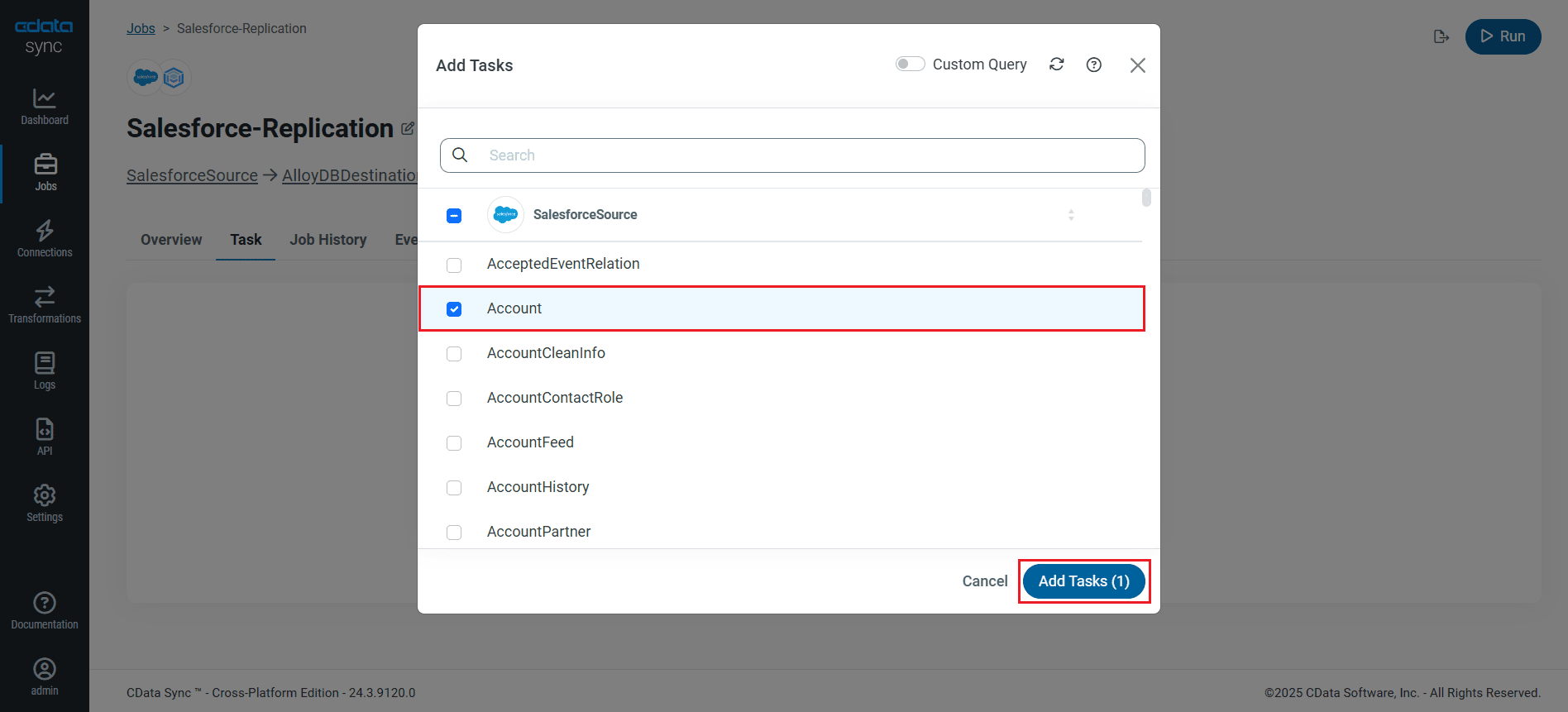 ジョブへのタスク追加（Salesforce の例）。