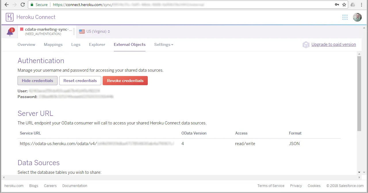 Heroku Connect でのOData サービスの設定。
