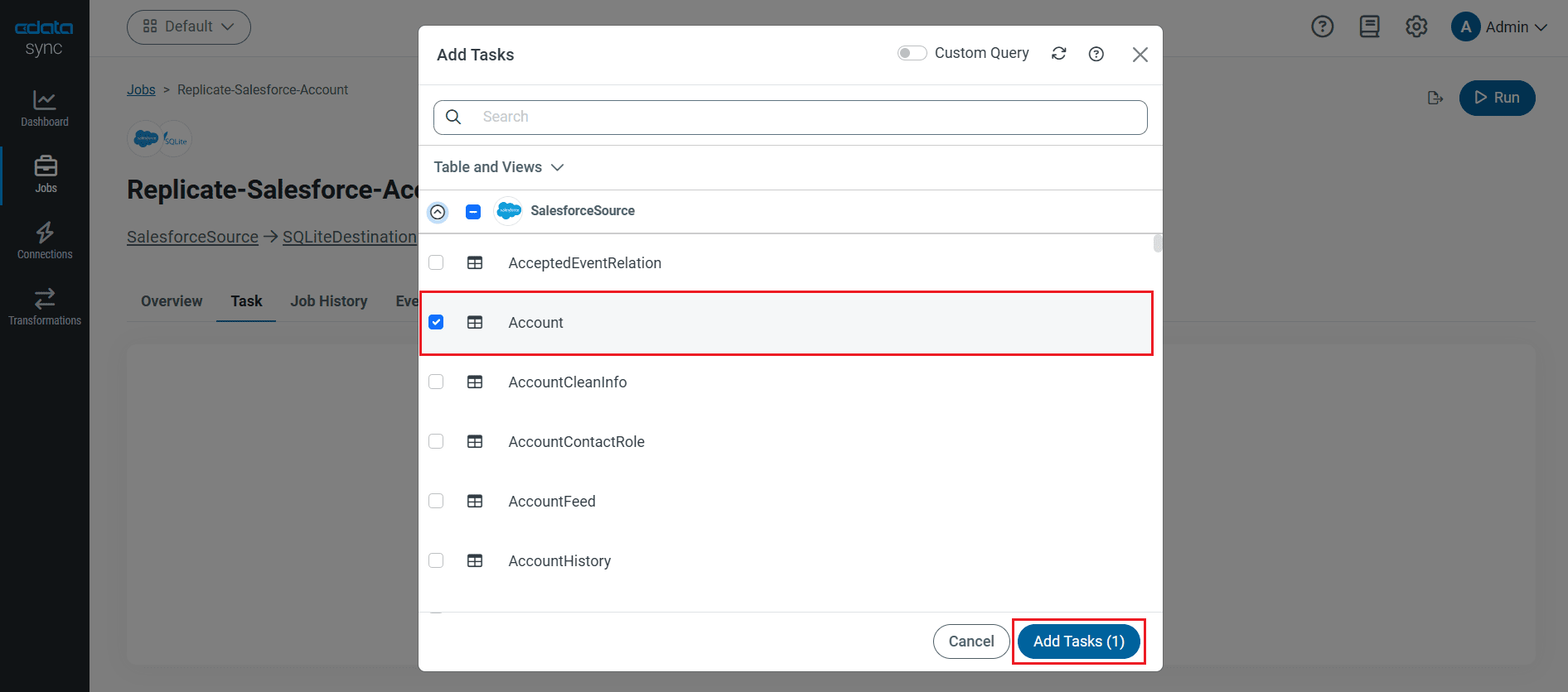 レプリケーションジョブのデータソースと同期先を選択。