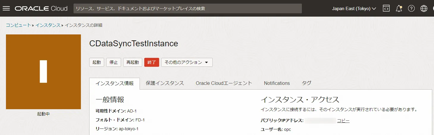 作成したOCI インスタンスの画面