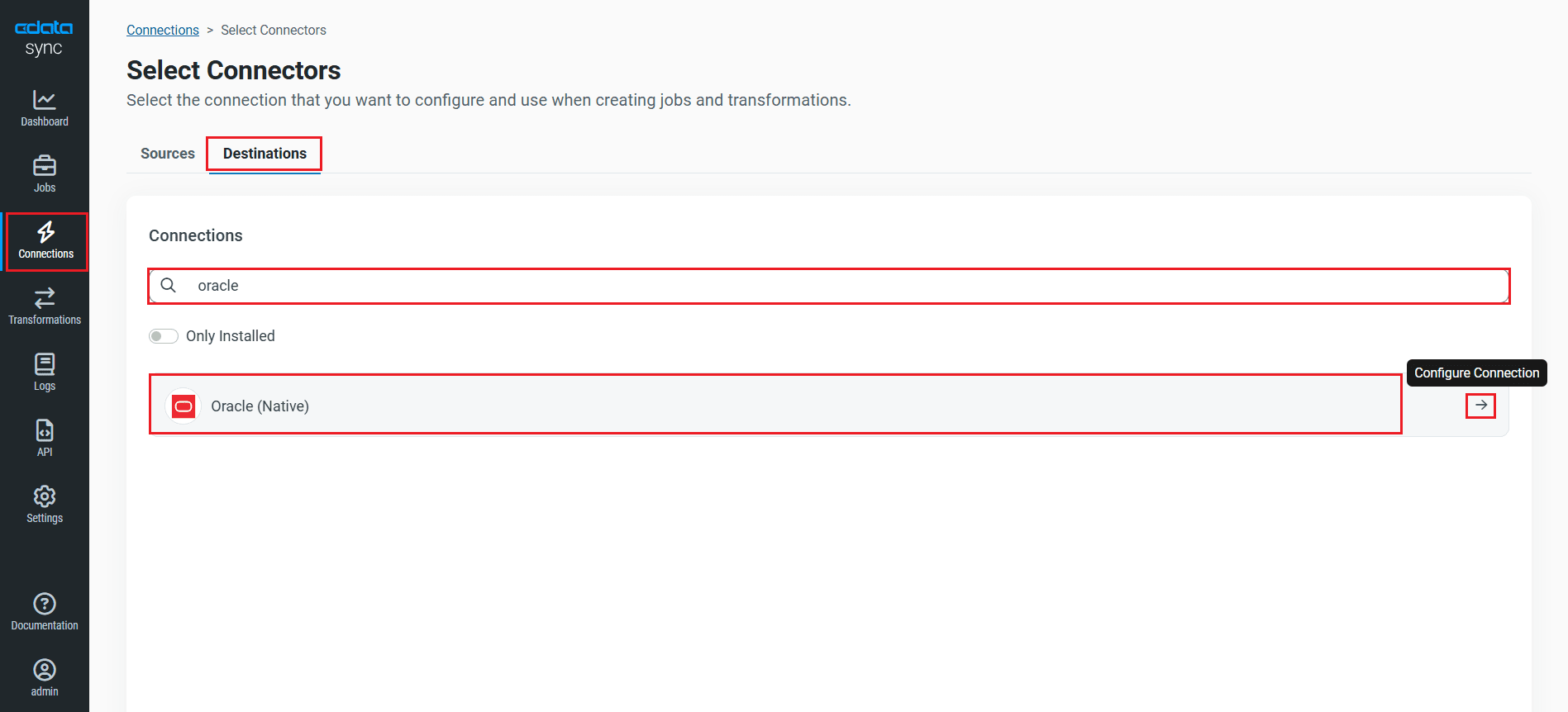 Oracle を同期先として設定。