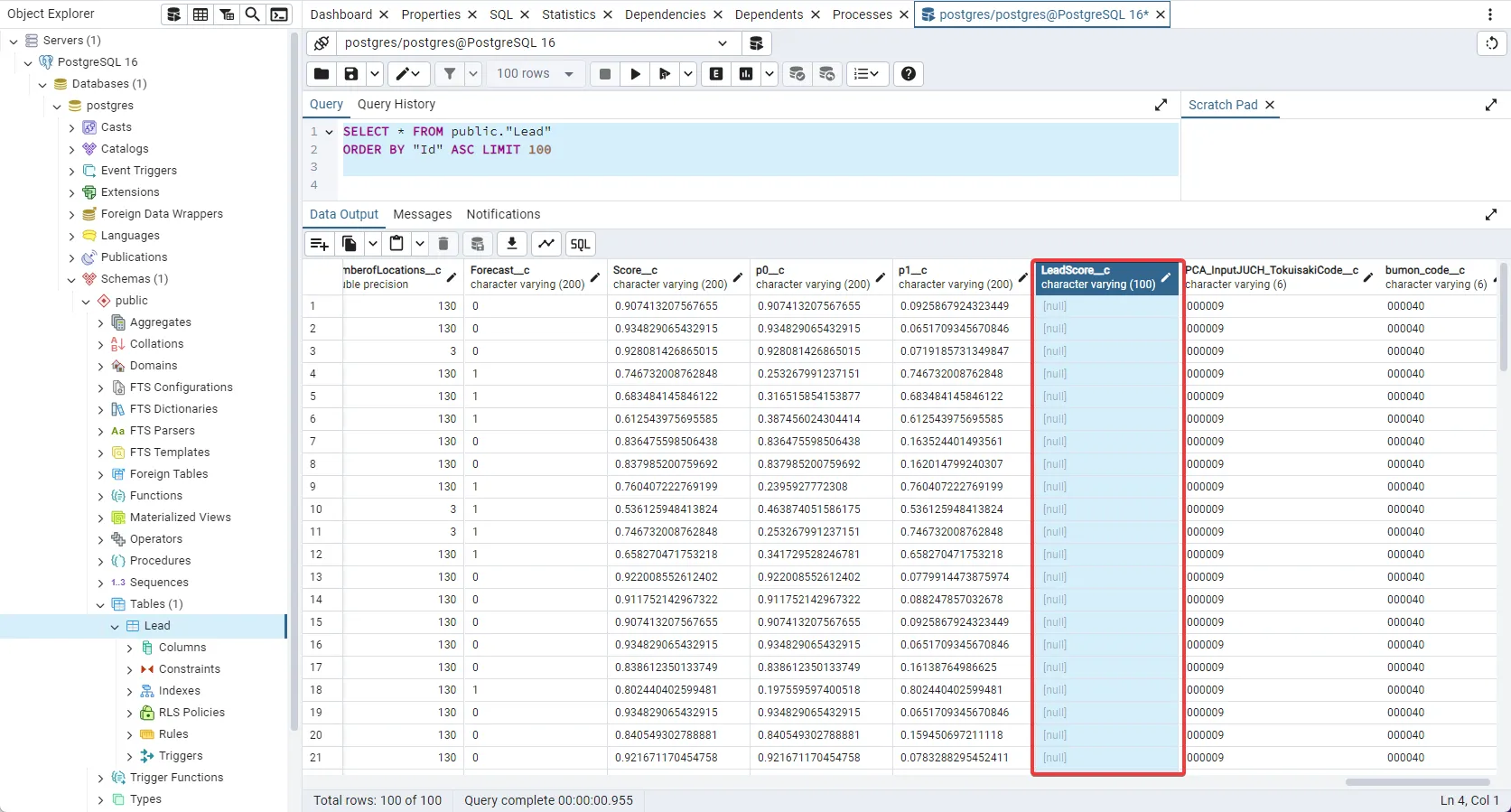 PostgreSQL への転送結果