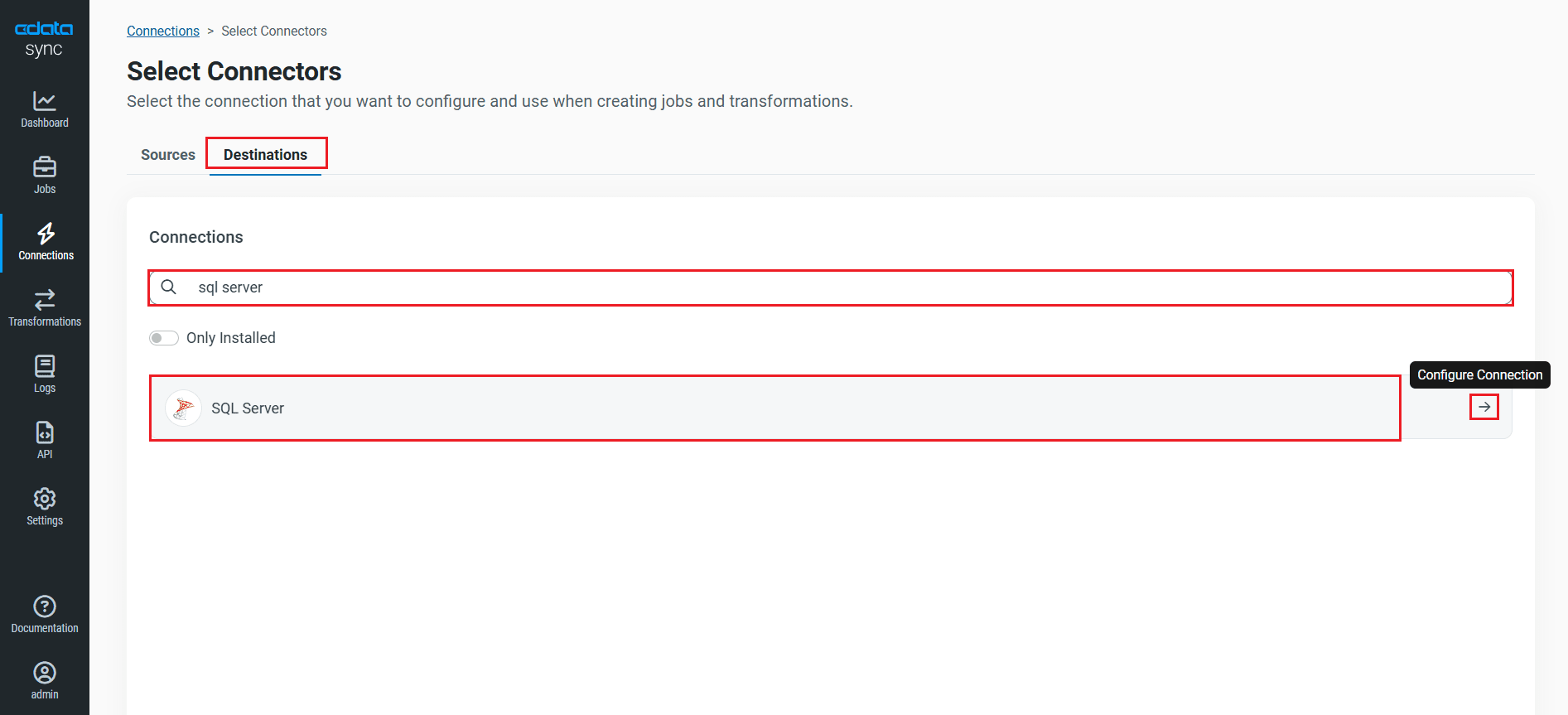 SQL Server を同期先に設定